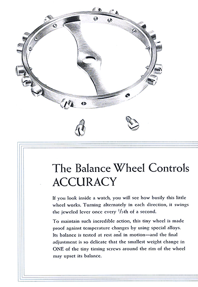 The Balance Wheel Controls Accuracy.  If you look inside a watch, you will see how busily this little wheel works.  Turning alternately in each direction, it swings the jeweled lever once every 1/5th of a second.  To maintain such incredible action, this tiny wheel is made proof against temperature changes by using special alloys.  Its balance is tested at rest and in motion - and the final adjustment is so delicate that the smallest weight change in One of the tiny timing scres around the rim of the wheel may upset its balance.