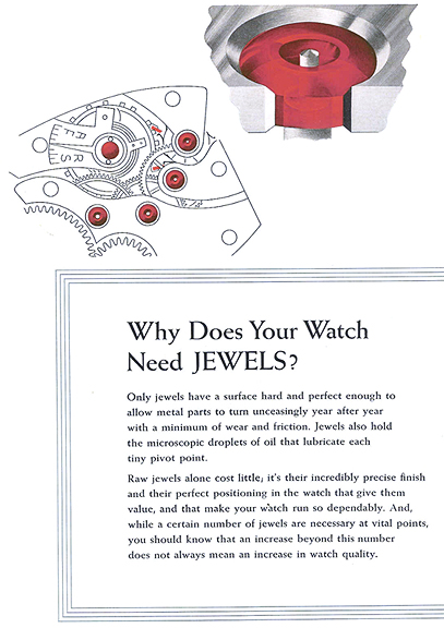 Why Does Your Watch Need Jewels?  Only jewels have a surface hard and perfect enough to allow metal parts to turn unceasingly year after year with a minimum of wear and friction.  Jewels also hold the microscopic droplets of oil that lubricate each tiny pivot point.  Raw jewels alone cost little, it's their incredibly precise finish and their perfect positioning in the watch that give them value, and that make your watch run so dependably.  And, while a certain number of jewels are necessary at vital points, you should know that an increase beyond this number does not always mean an increase in watch quality.  